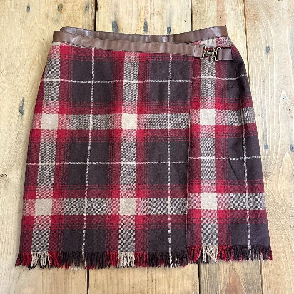 Jones New York Plaid Wool Wrap Mini Skirt Lined Red Brown10 Leather Band‎